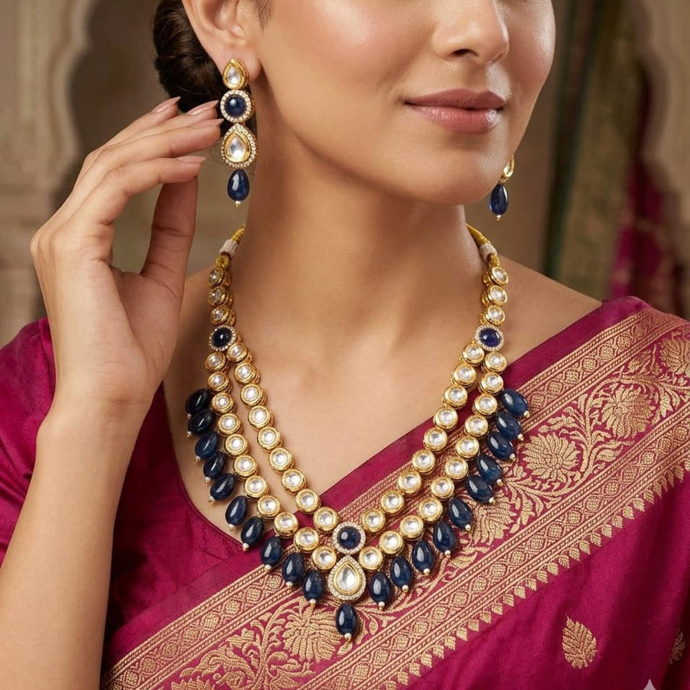 FS Collection Elegant Kundan Stone And Beads Necklace Set
