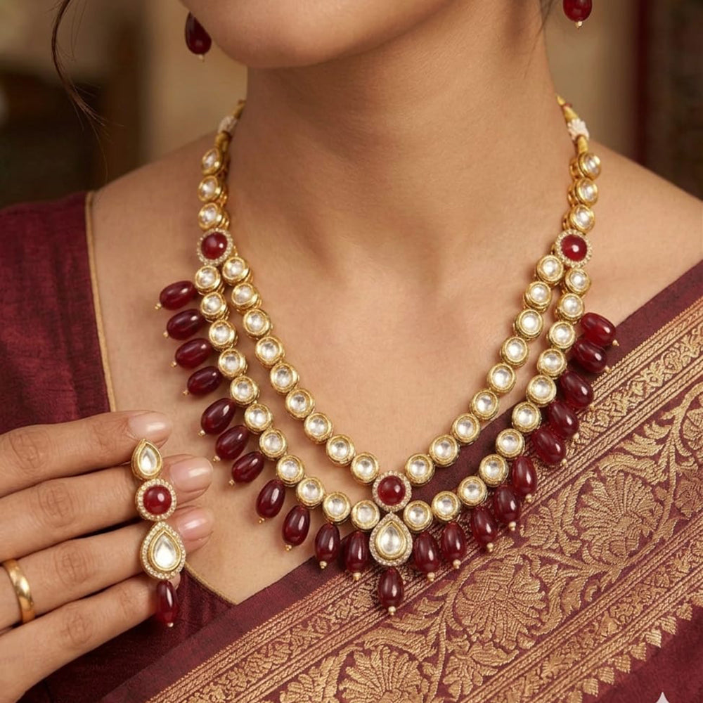 FS Collection Elegant Kundan Stone And Beads Necklace Set