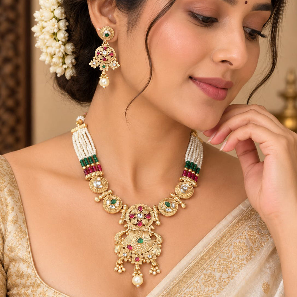 FS Collection Elegant Pota Stone Pearl And Beads Necklace Set