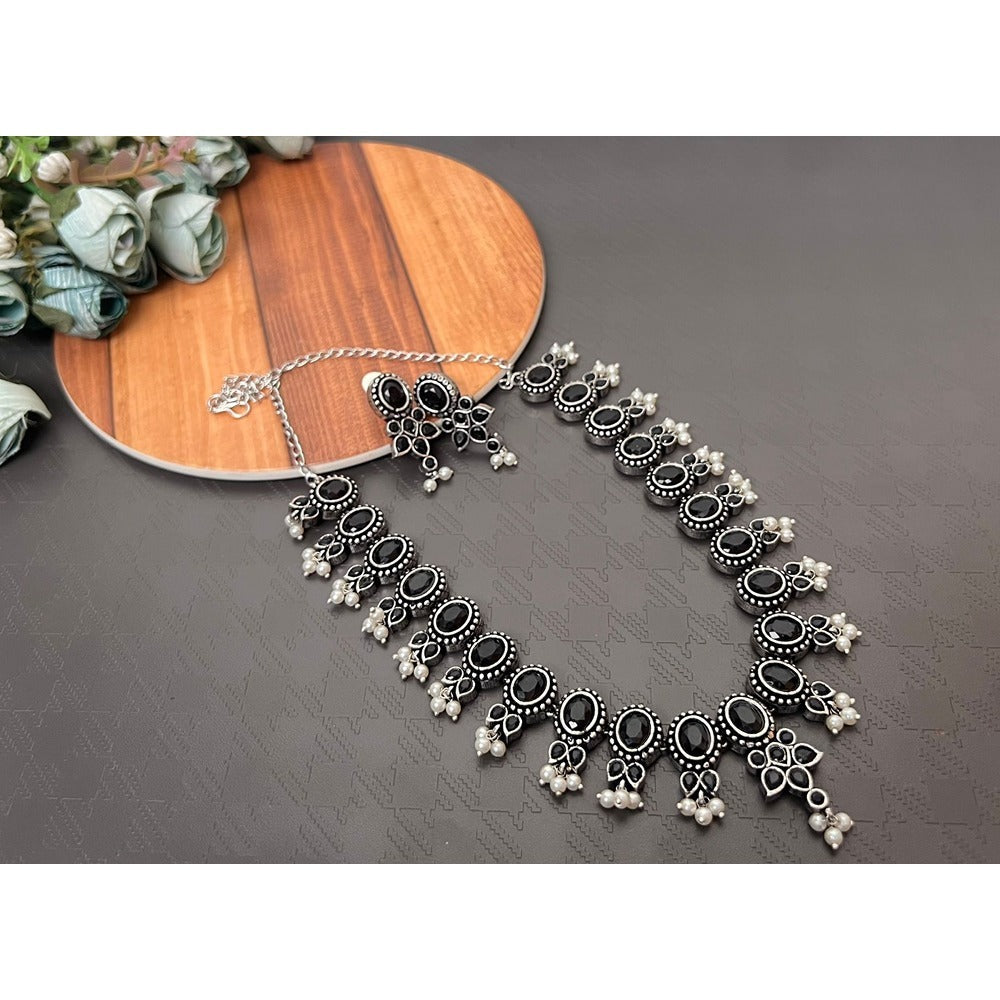 Akruti Collection Oxidised Plated Pota Stone Necklace Set