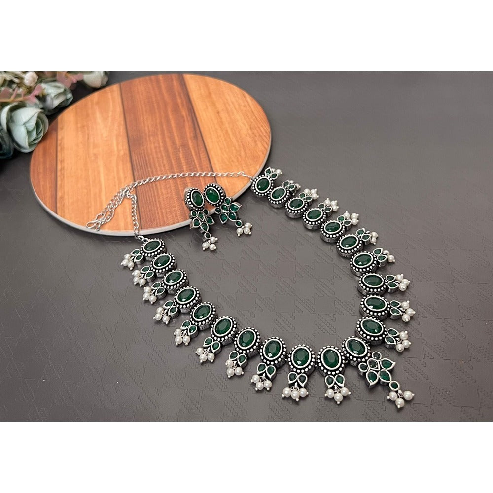 Akruti Collection Oxidised Plated Pota Stone Necklace Set