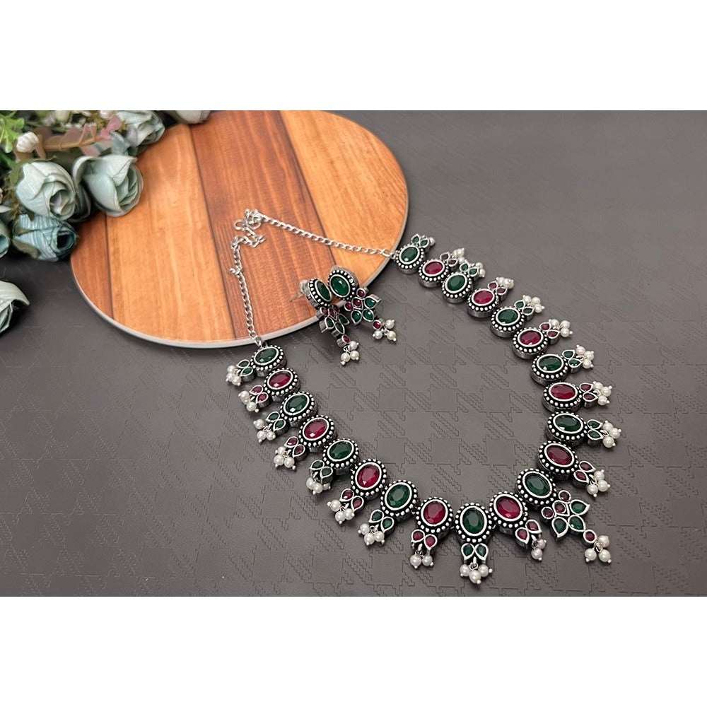 Akruti Collection Oxidised Plated Pota Stone Necklace Set