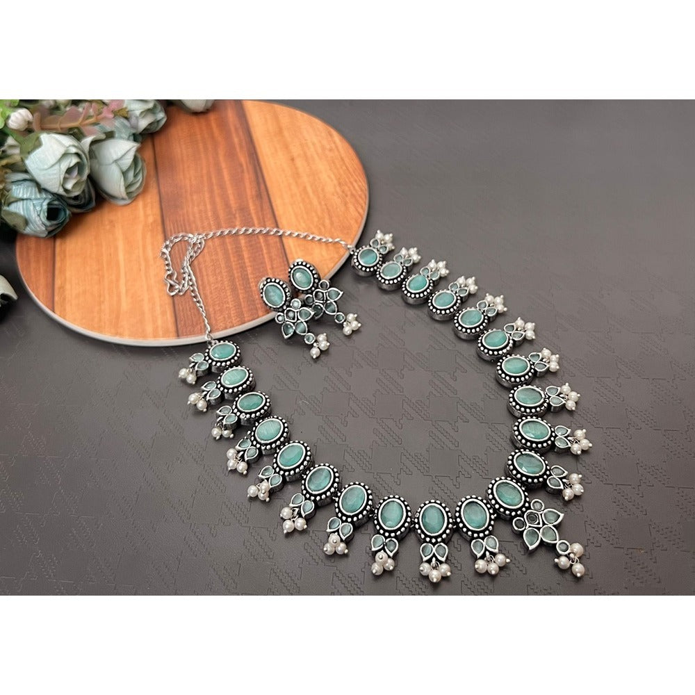 Akruti Collection Oxidised Plated Pota Stone Necklace Set
