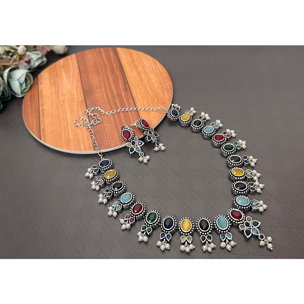 Akruti Collection Oxidised Plated Pota Stone Necklace Set