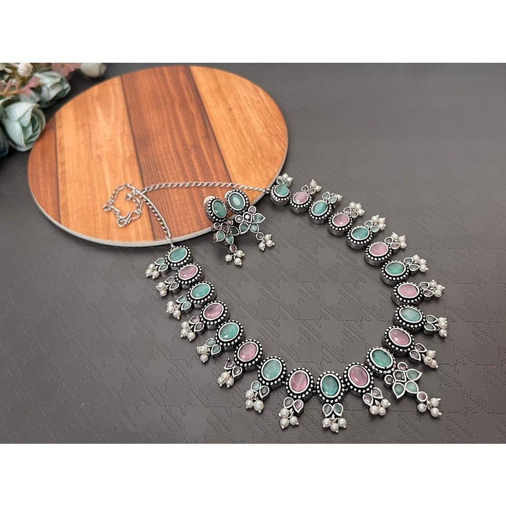 Akruti Collection Oxidised Plated Pota Stone Necklace Set