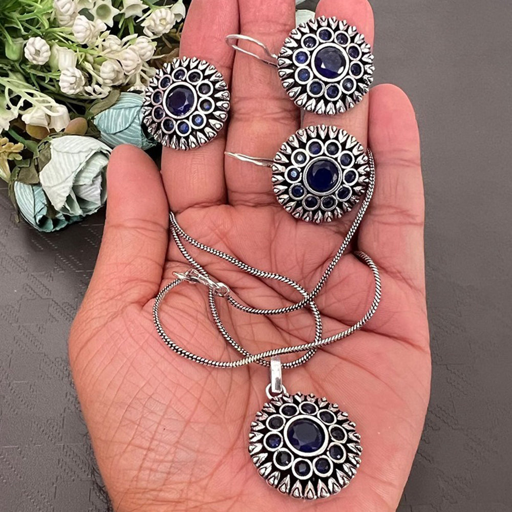 Akruti Collection Oxidised Plated Pota Stone Chain Pendant Set