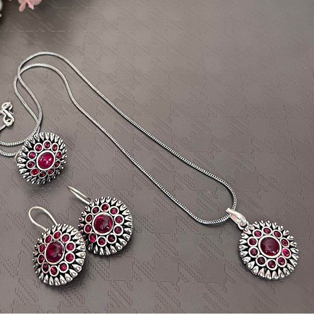 Akruti Collection Oxidised Plated Pota Stone Chain Pendant Set