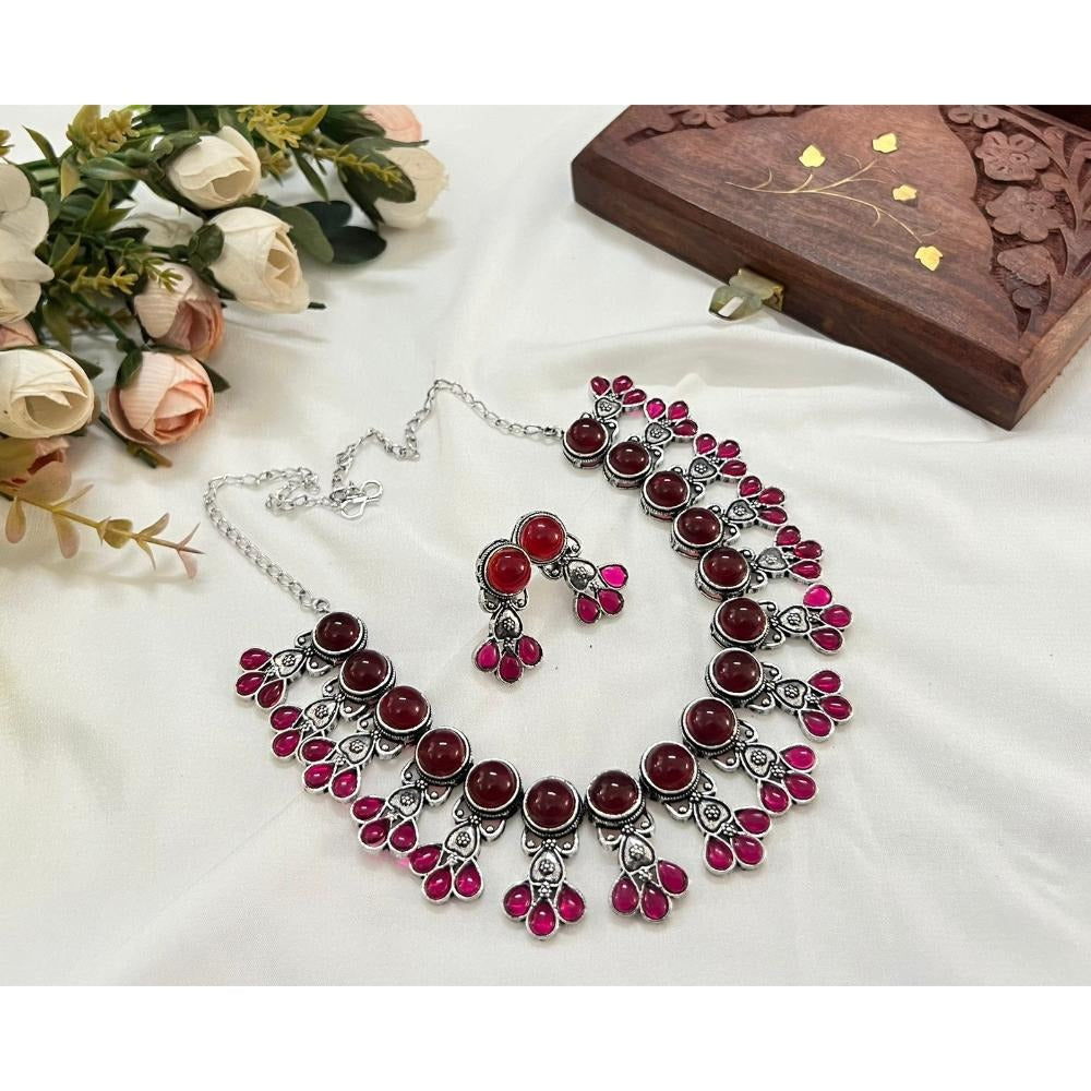 Akruti Collection Oxidised Plated Pota Stone Necklace Set