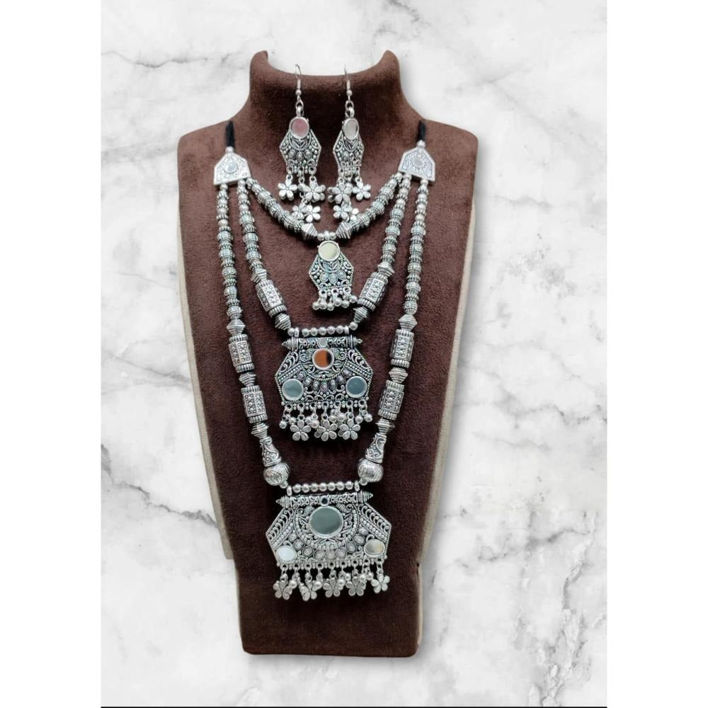 Akruti Collection Oxidised Plated Long mirror Necklace Set