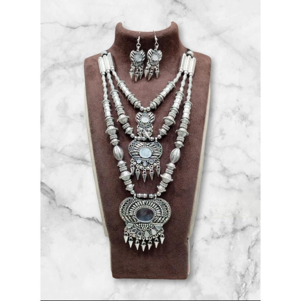 Akruti Collection Oxidised Plated Long Mirror Necklace Set