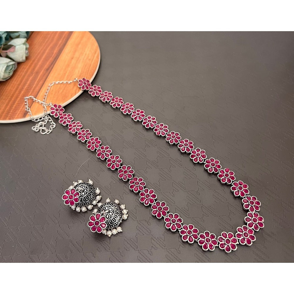 Akruti Collection Oxidised Plated Pota Stone Long Necklace Set