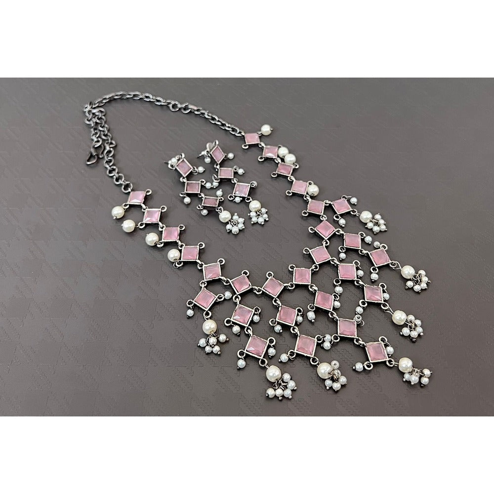 Akruti Collection Oxidised Plated Pota Stone And Pearls Necklace Set