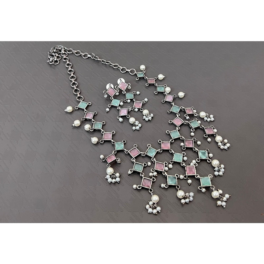 Akruti Collection Oxidised Plated Pota Stone And Pearls Necklace Set