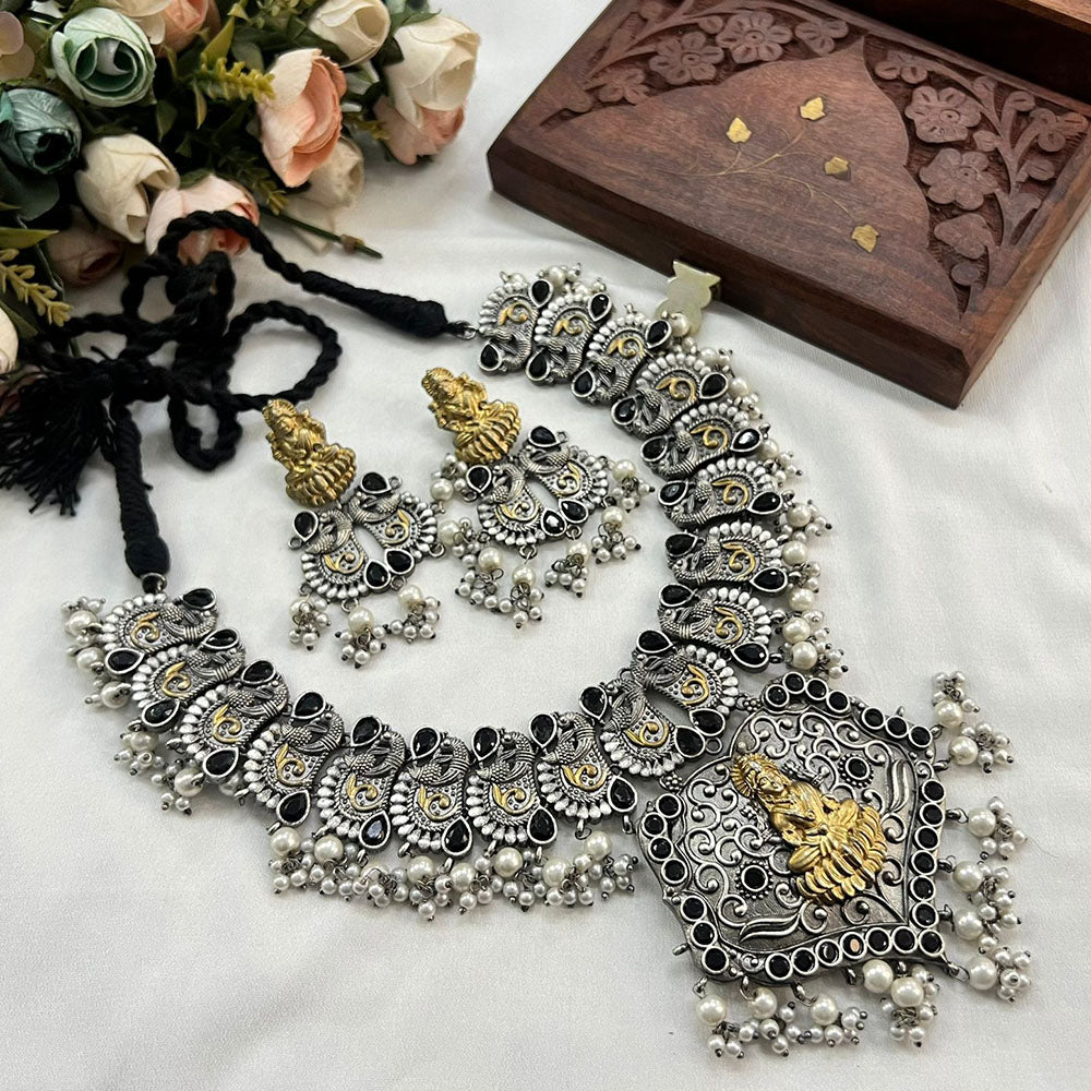 Akruti Collection 2Tone Plated Pota Stone Temple Necklace Set