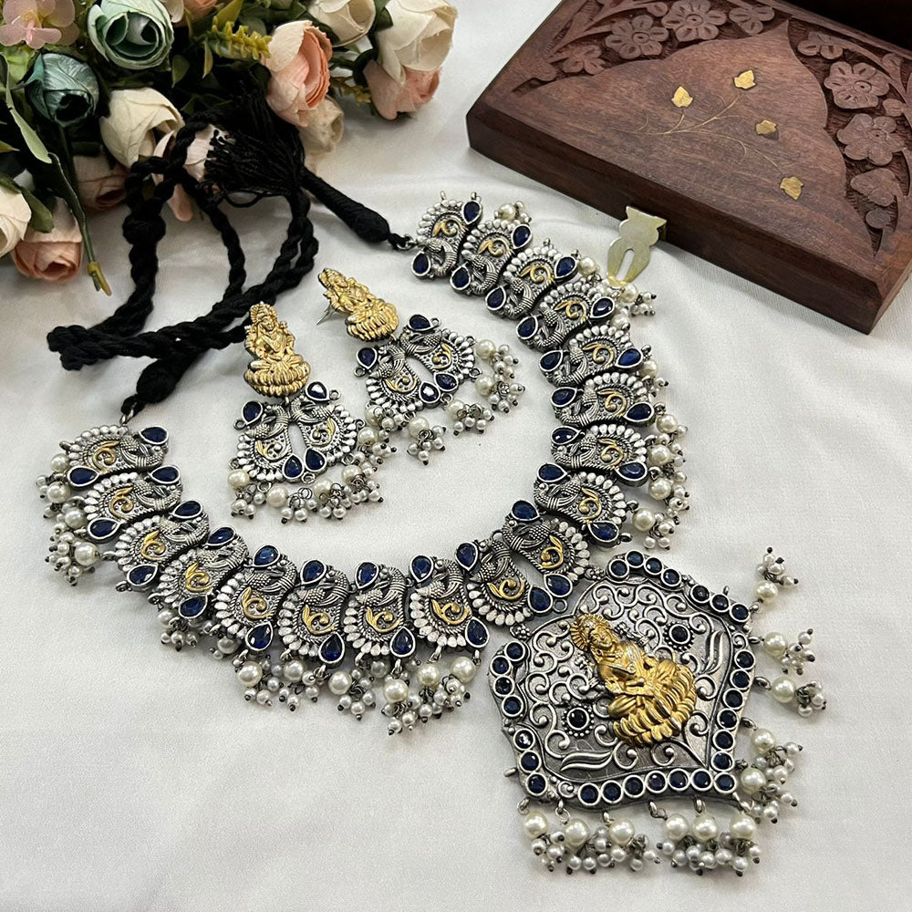 Akruti Collection 2Tone Plated Pota Stone Temple Necklace Set