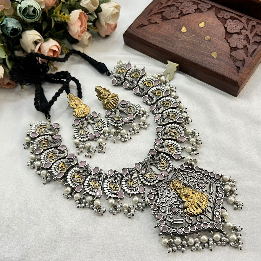 Akruti Collection 2Tone Plated Pota Stone Temple Necklace Set