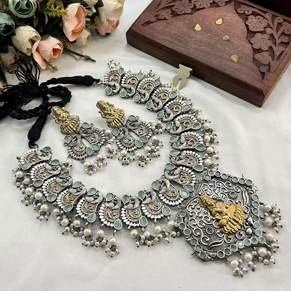 Akruti Collection 2Tone Plated Pota Stone Temple Necklace Set