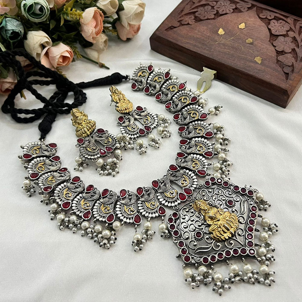 Akruti Collection 2Tone Plated Pota Stone Temple Necklace Set