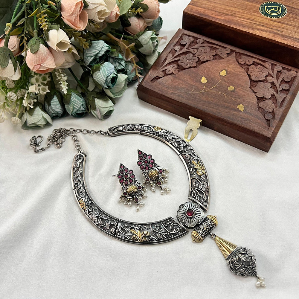 Akruti Collection 2 Tone Plated Pota Stone Necklace Set
