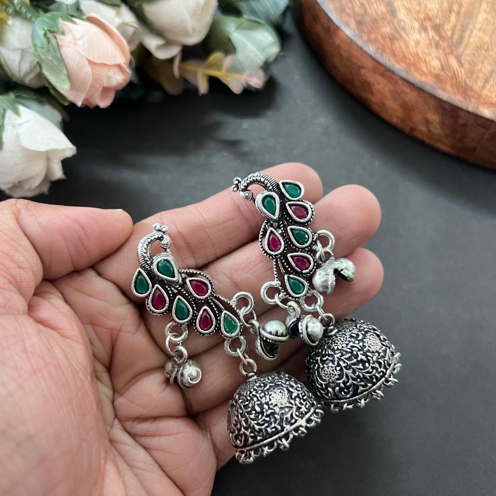 Akruti Collection Oxidised Plated Pota Stone Jhumki Earrings