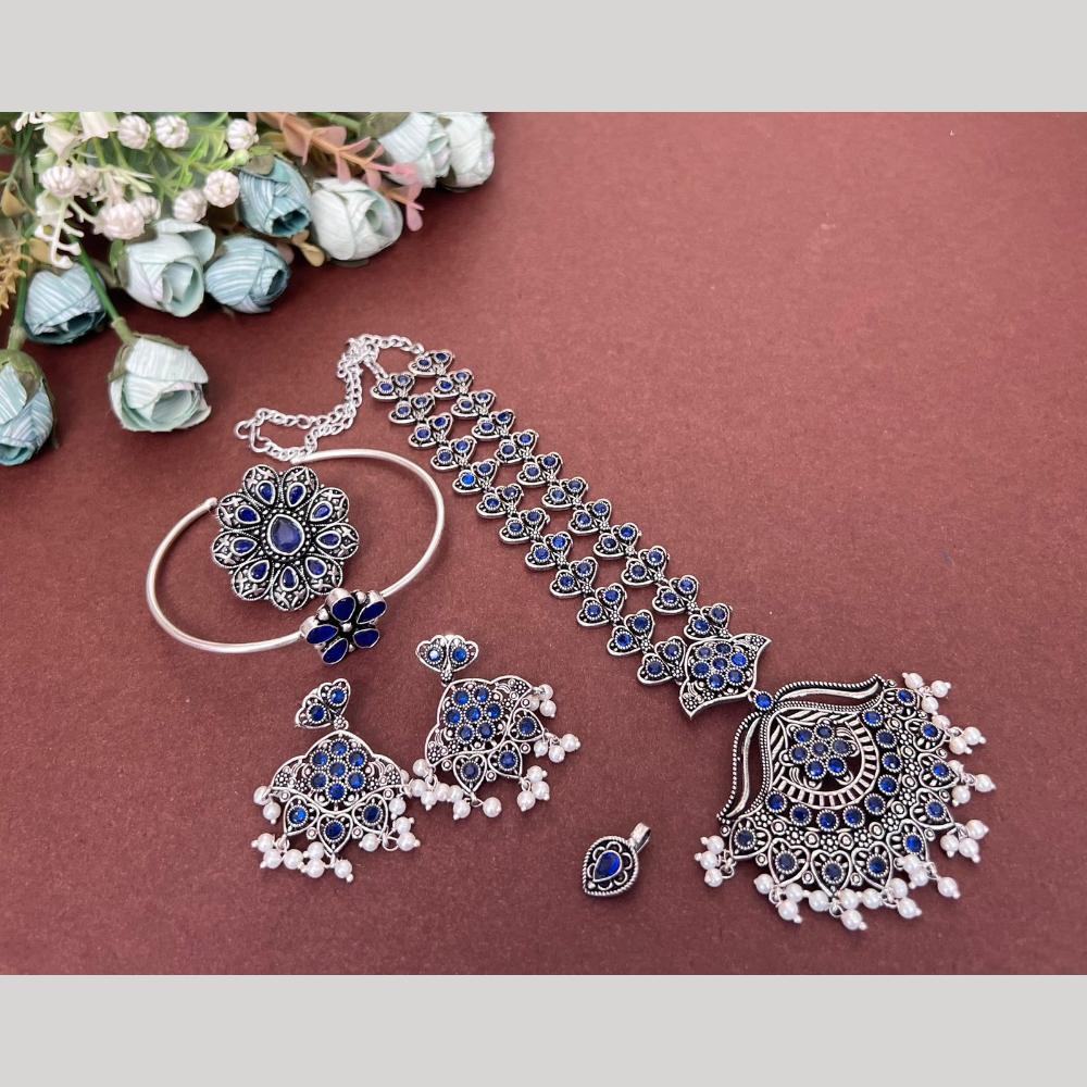 Akruti Collection Oxidised Plated Pota Stone Combo Set