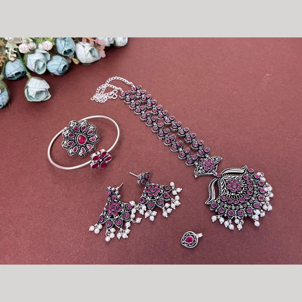 Akruti Collection Oxidised Plated Pota Stone Combo Set