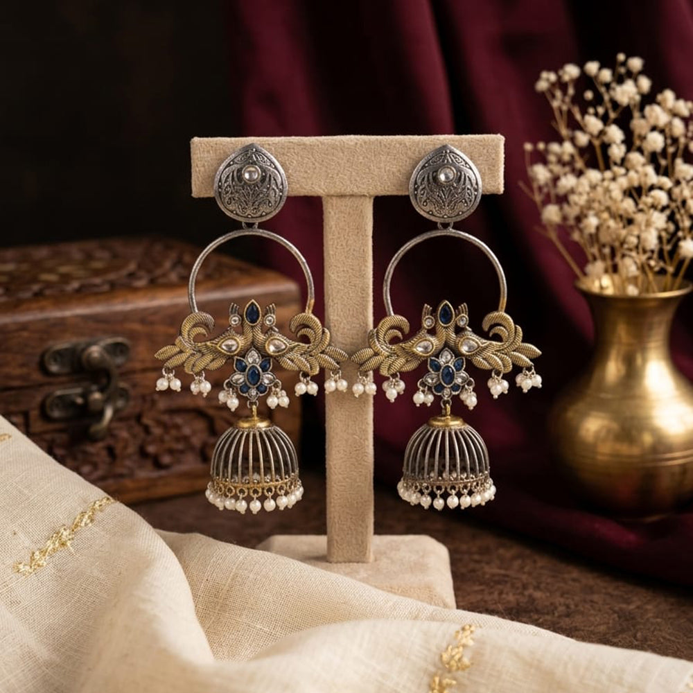 Akruti Collection 2 Tone Plated Designer Pota Stone And Pearl Jhumki Earrings