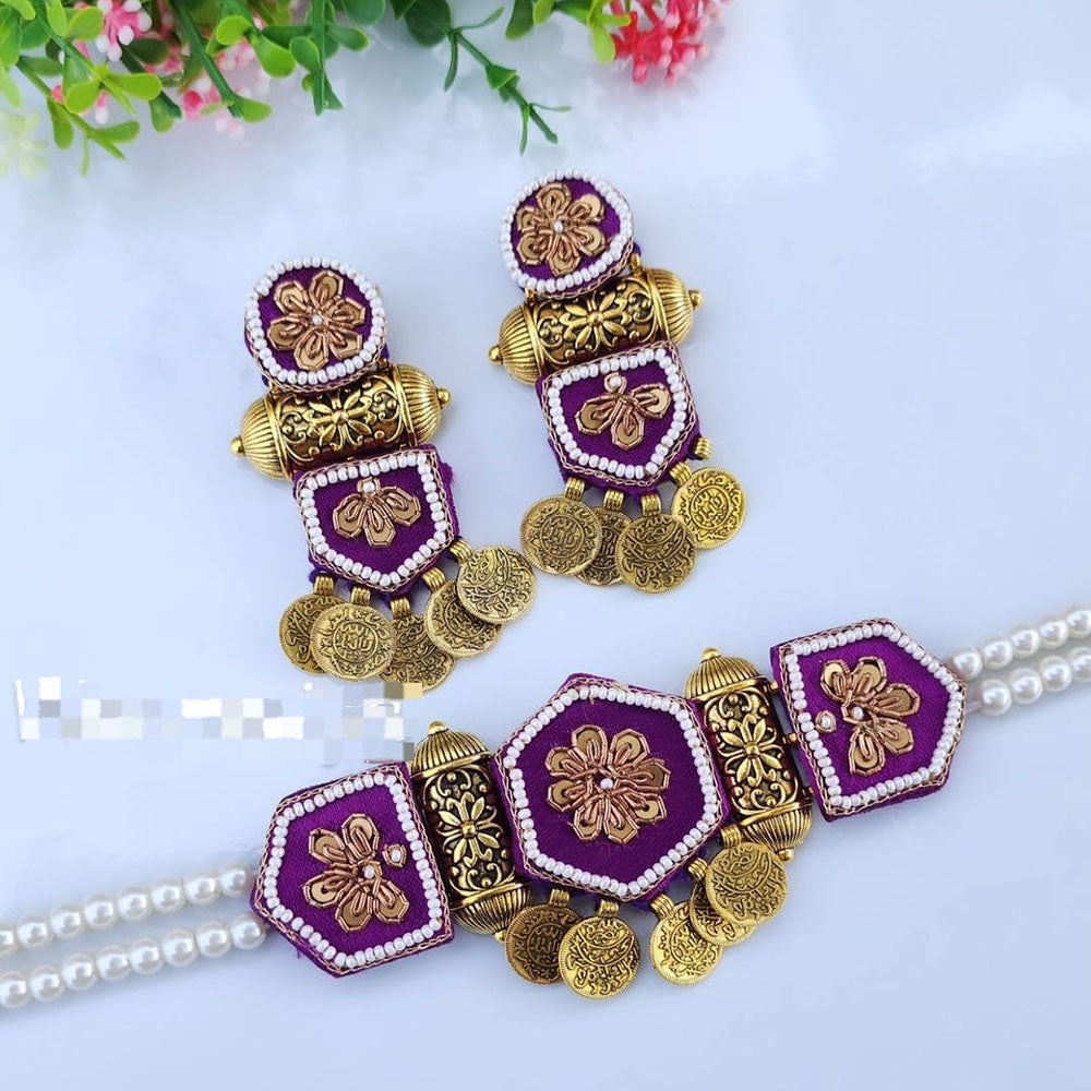 Shrijicreation Royal Fabric Pearl Coin And Pearl Choker Necklace Set