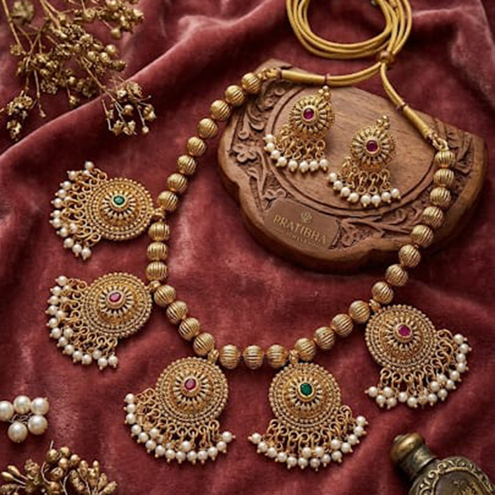 Palak Art Elegant Pota Stone And Pearl Designer Necklace Set