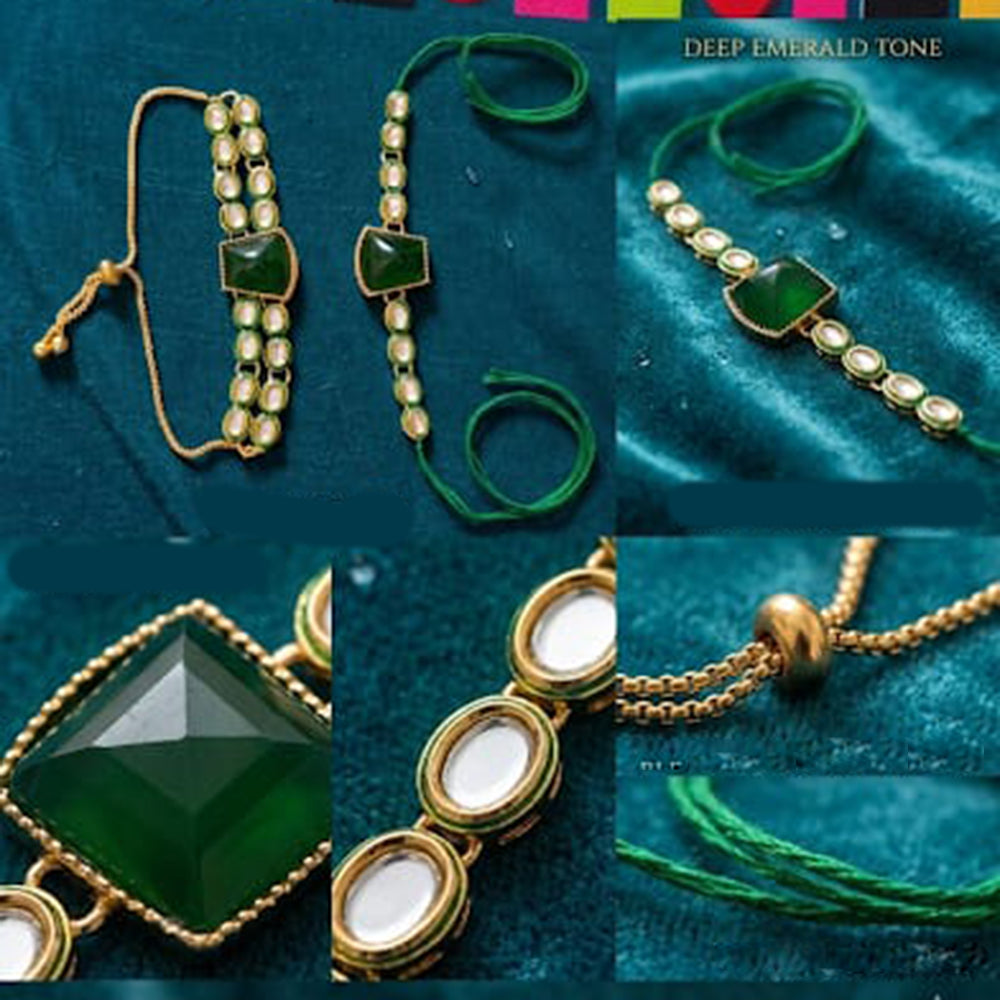 Palak Art Gold Plated Bhaiya And Bhabhi Kundan Stone Rakhi Combo