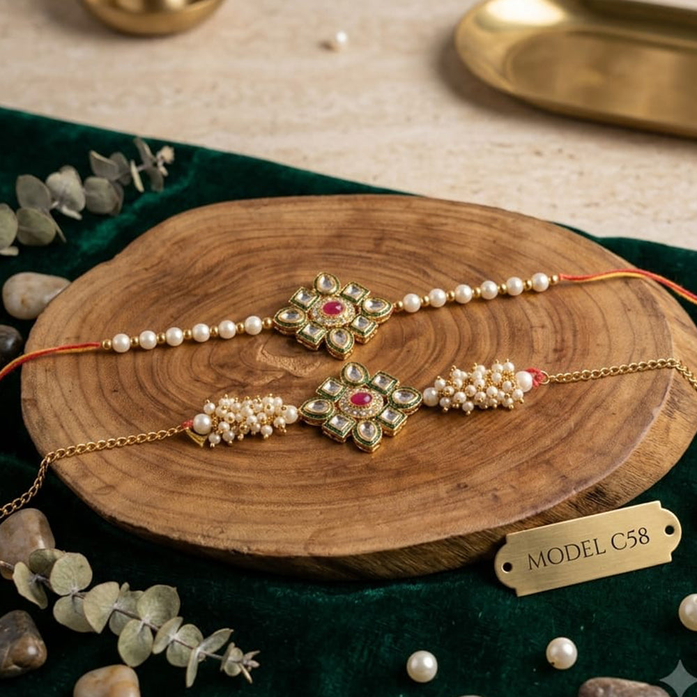 Palak Art Gold Plated Bhaiya And Bhabhi Kundan Stone Rakhi Combo