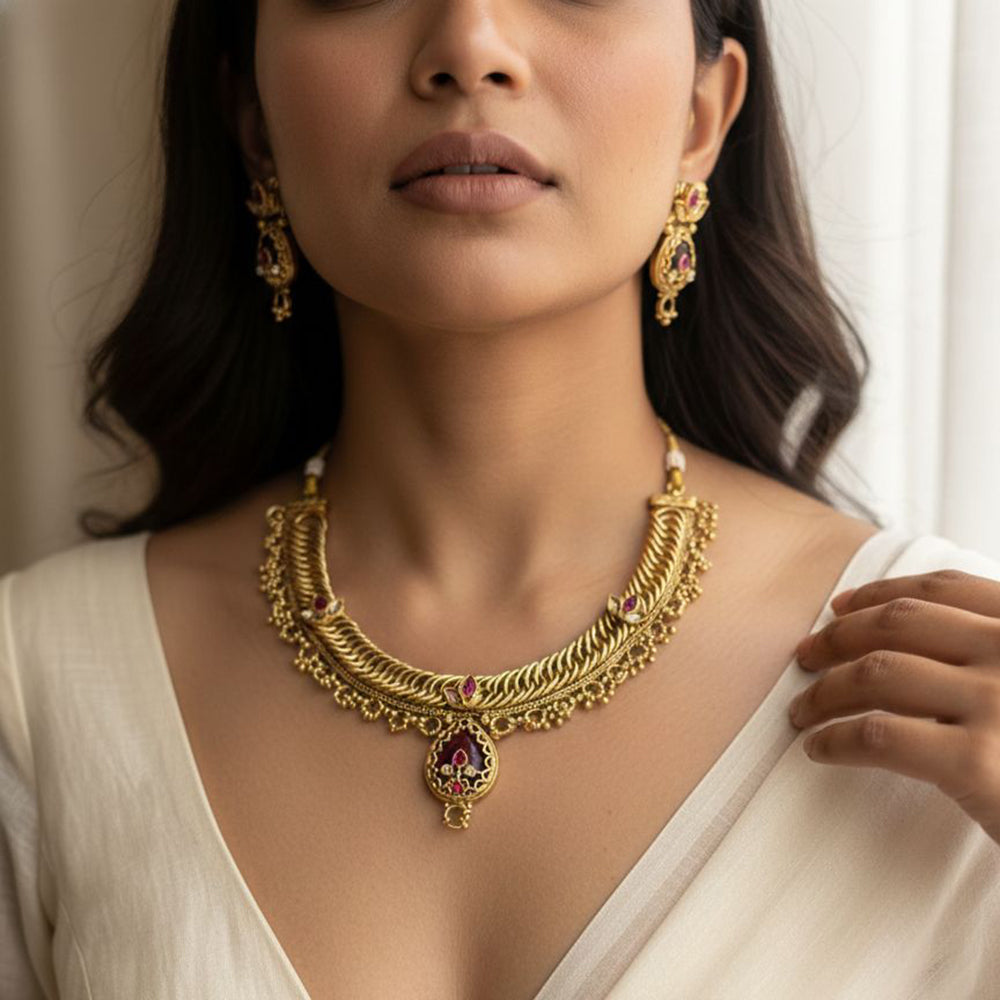 Jewel Addiction Premium Pota Stone And Pearl Necklace Set