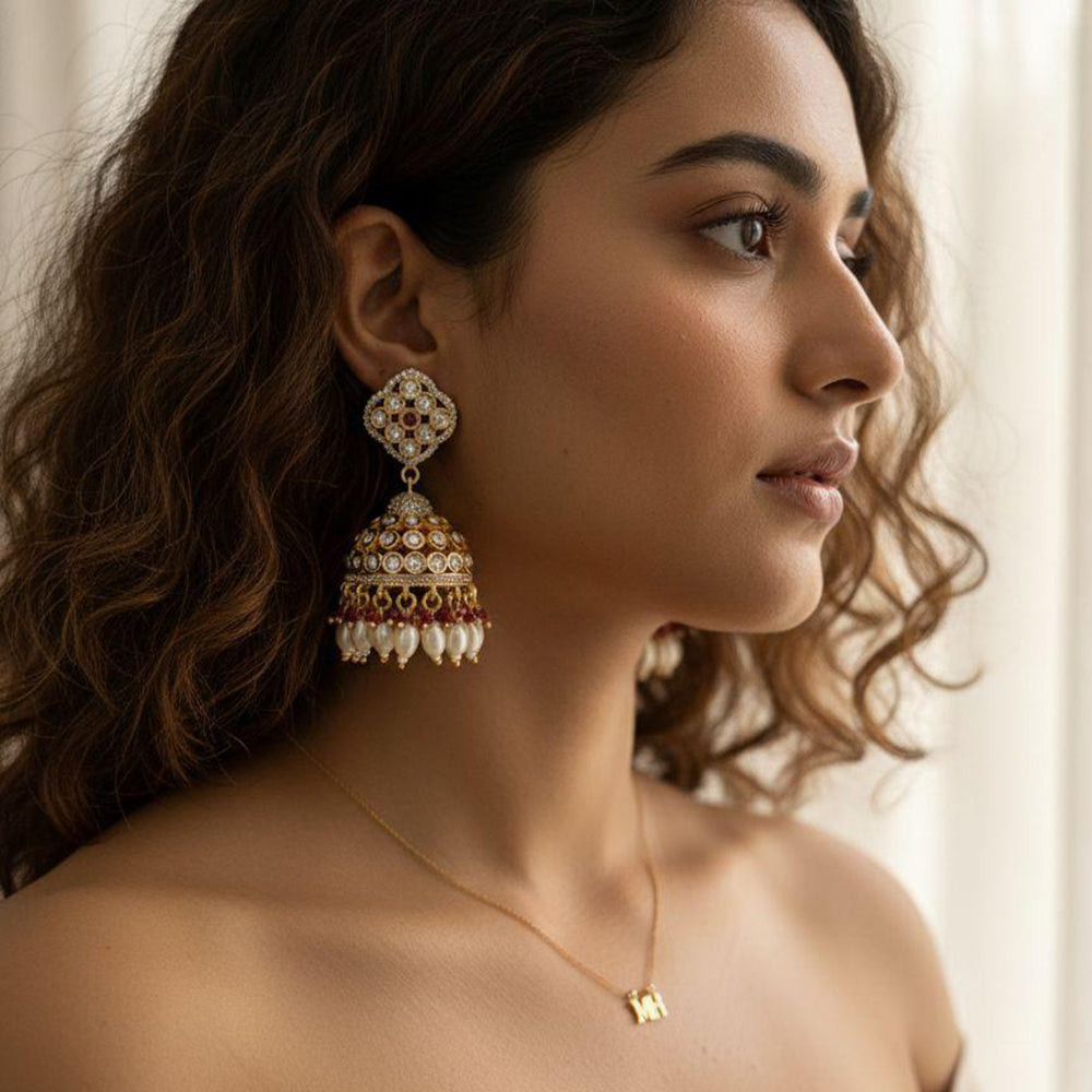 Jewel Addiction Ethnic Polki Kundan Stone Beads And Pearl Designer Jhumki Earrings