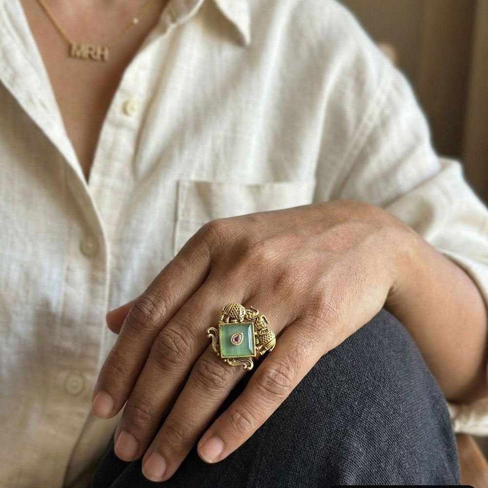 Jewel Addiction Pota Stone Elephant Motifs Designer Finger Ring