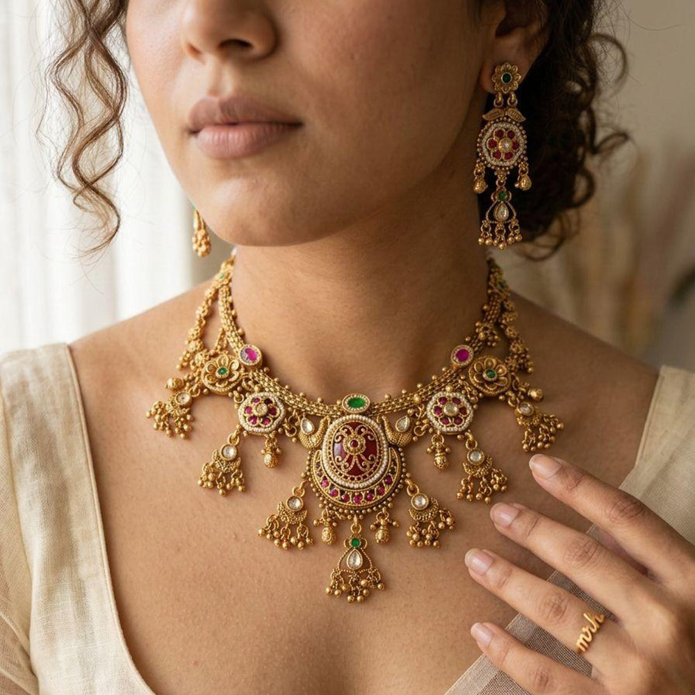 Jewel Addiction Premium Pota Stone Beads And Pearl Necklace Set