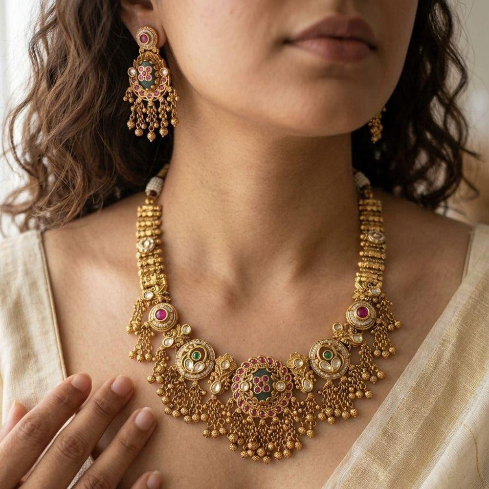 Jewel Addiction Premium Pota Stone Beads And Pearl Necklace Set