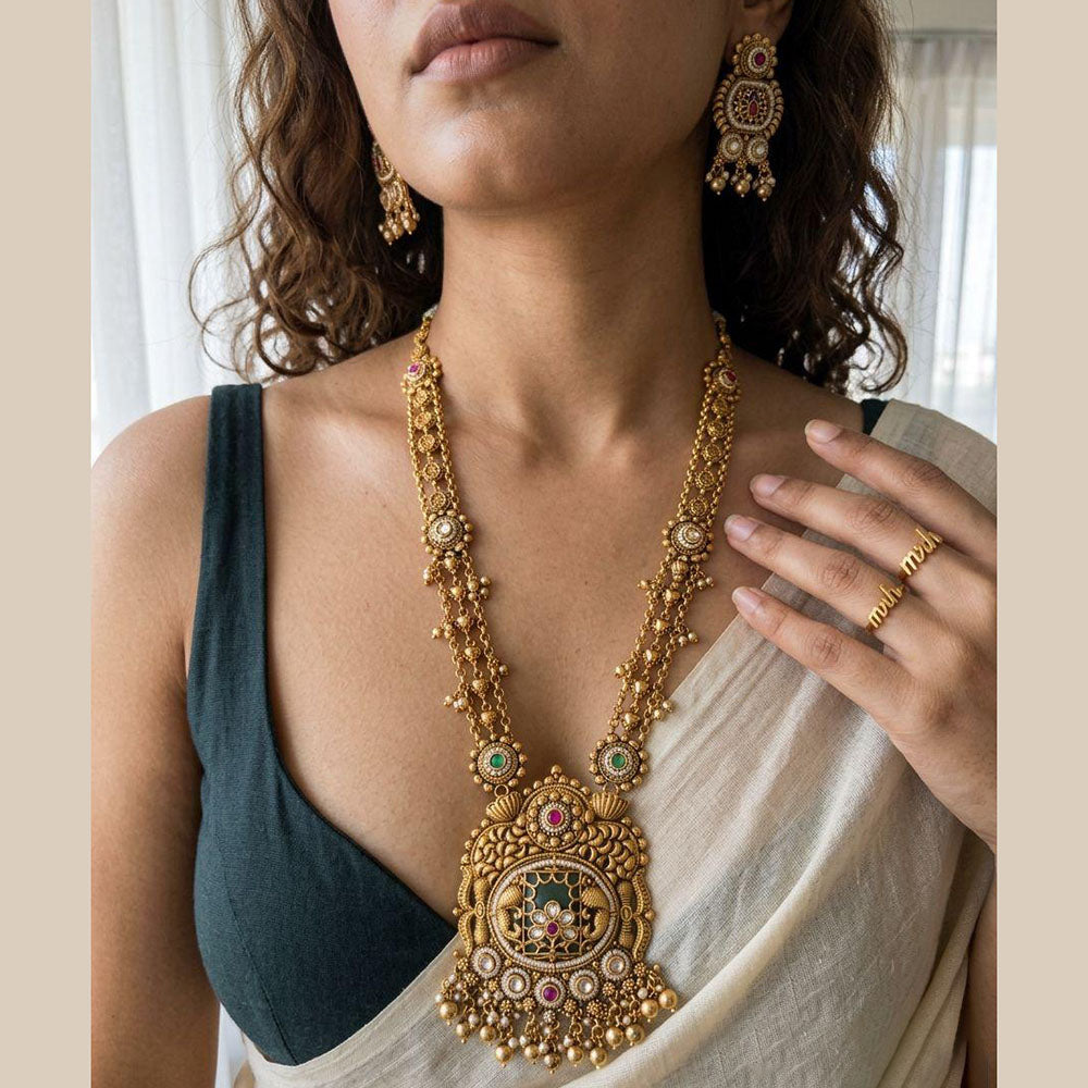 Jewel Addiction Premium Pota Stone And Pearl Long Necklace Set