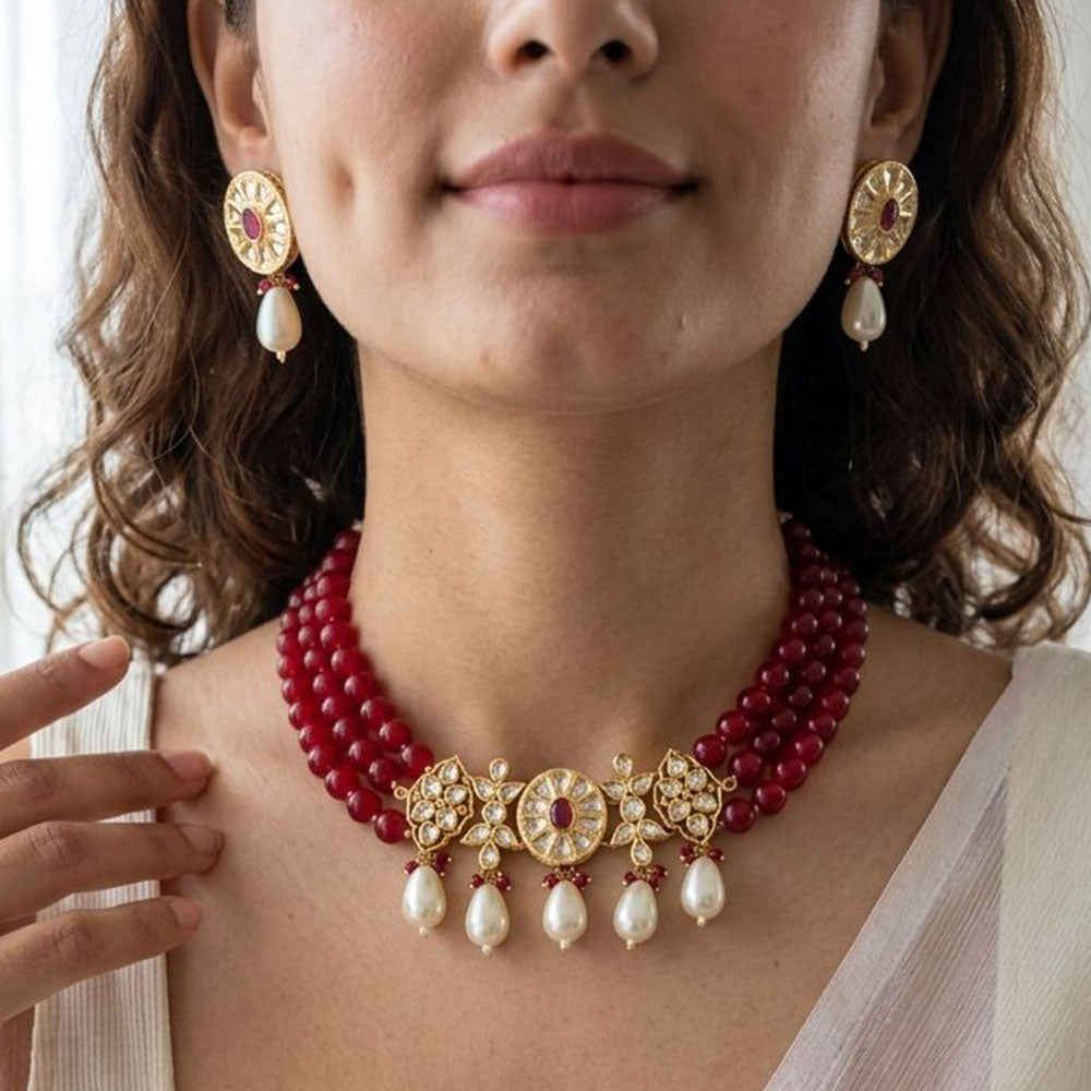 Jewel Addiction Glamorous Pota Stone Pearl And Beads Choker Necklace Set