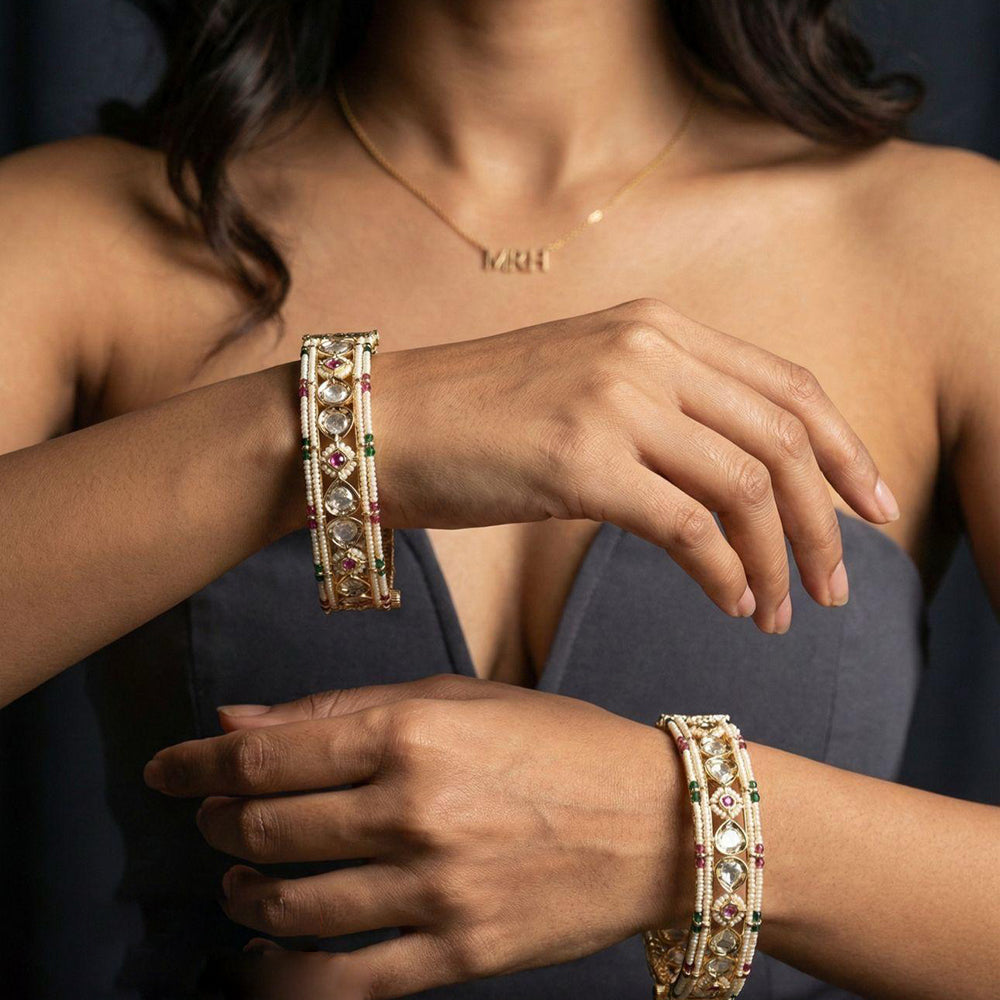 Jewel Addiction Designer Polki Kundan Stone And Pearl Openable Bangle Set