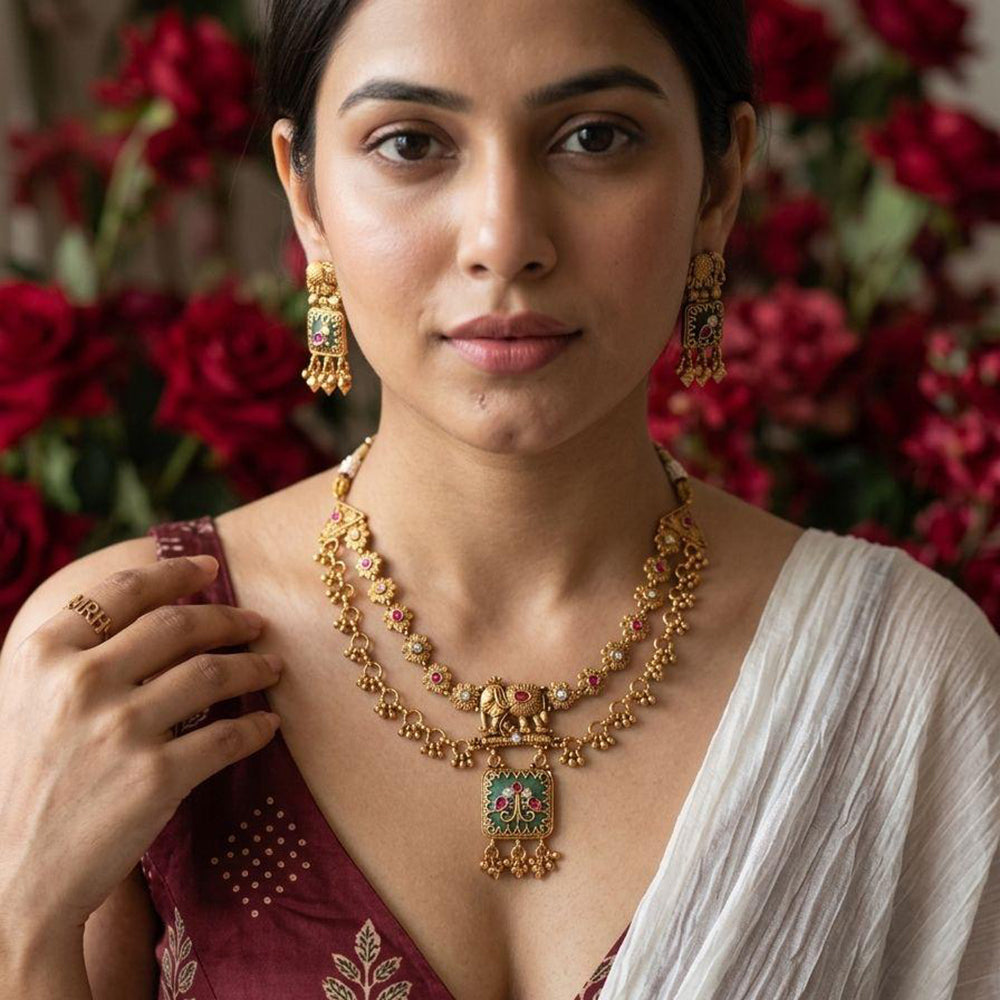 Jewel Addiction Ethnic Pota Stone And Pearl Necklace Set
