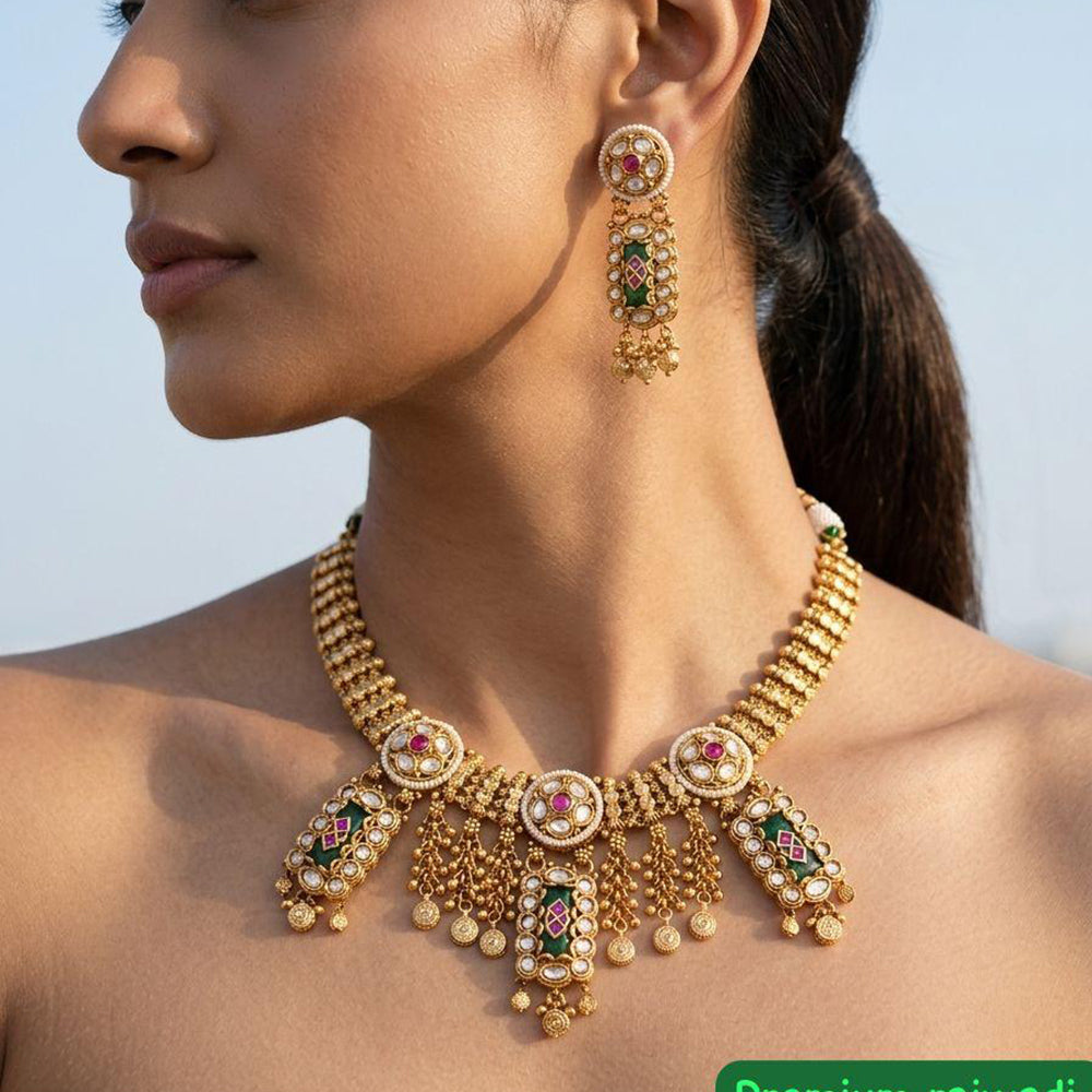 Jewel Addiction Ethnic Pota Stone And Pearl Long Necklace Set