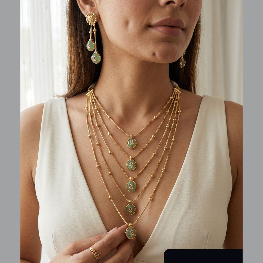 Jewel Addiction Ethnic Pota Stone And Pearl Multi Layer Necklace Set