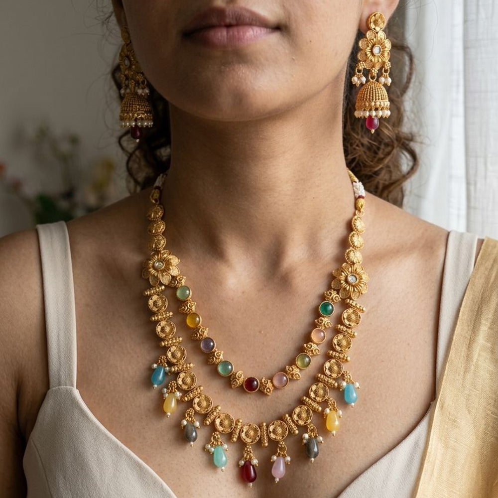 Jewel Addiction Premium Pota Stone And Pearl Necklace Set