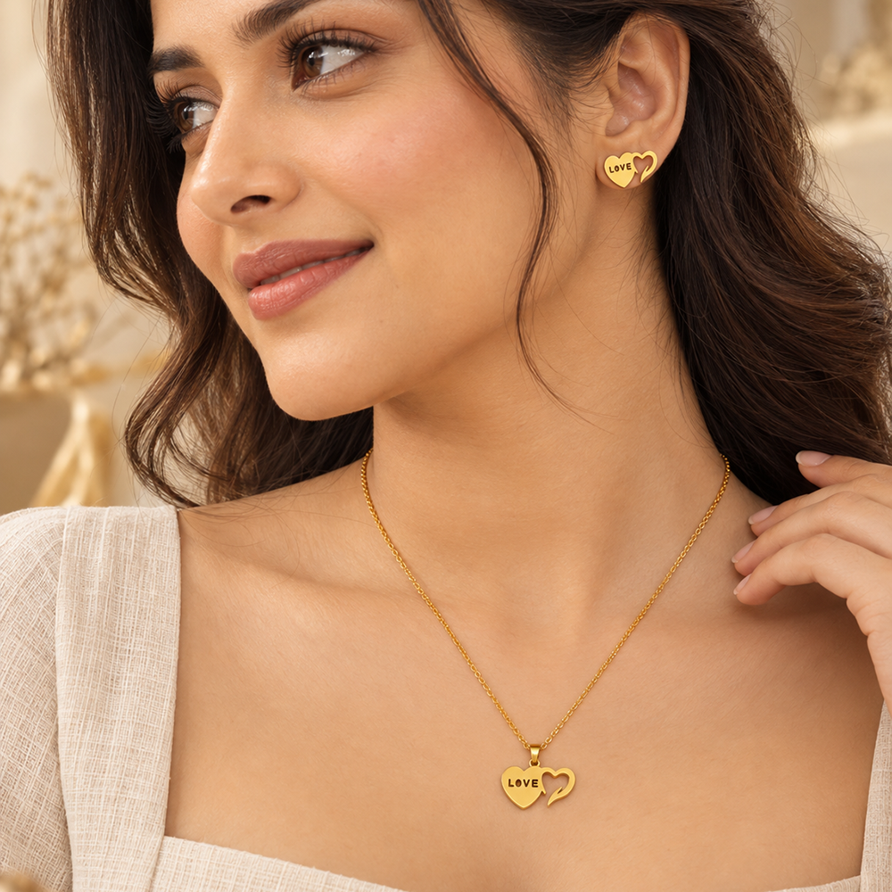 Urthn Beautiful Anti Tarnish Heart With Love Pendant Necklace with Matching Earrings for Party Wear(Pack Of 6)