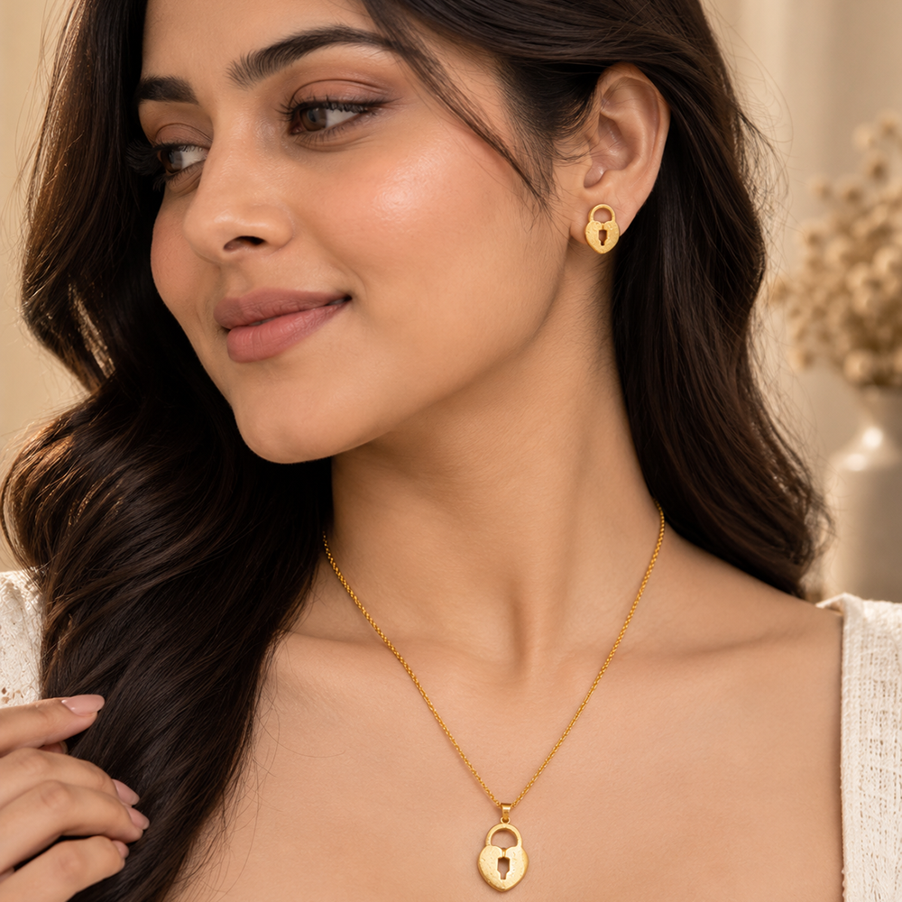 Urthn Beautiful Anti Tarnish Heart Lock Pendant Necklace with Matching Earrings for Party Wear(Pack Of 6)