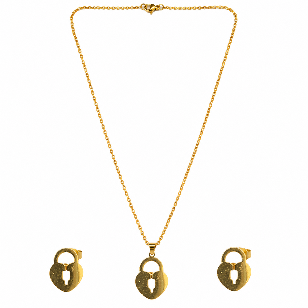 Urthn Beautiful Anti Tarnish Heart Lock Pendant Necklace with Matching Earrings for Party Wear(Pack Of 6)