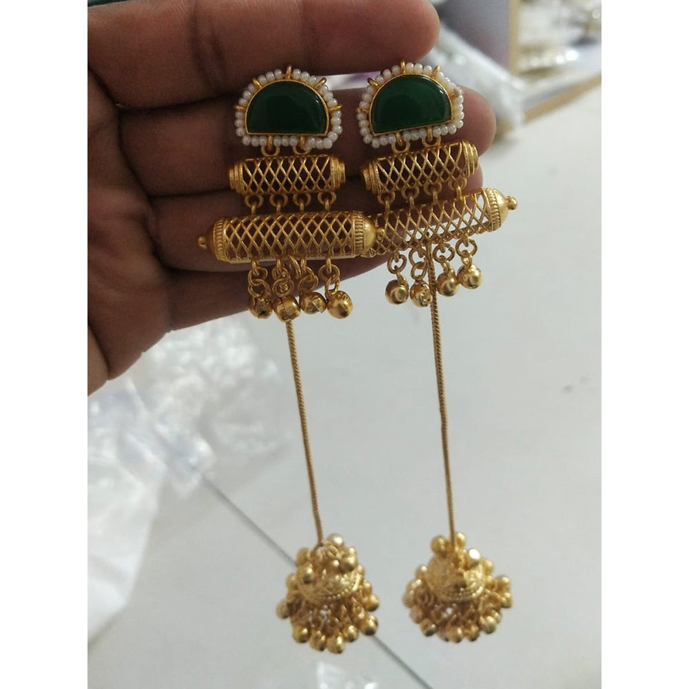 JCM Grand Pota Stone Ghungroo And Pearl Long Jhumki Earrings