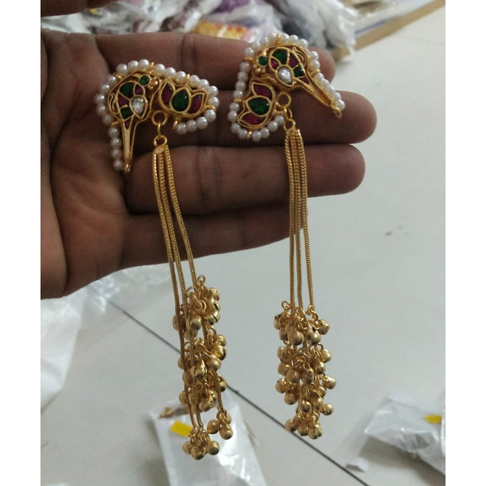 JCM Grand Pota Stone Ghungroo And Pearl Long Jhumki Earrings