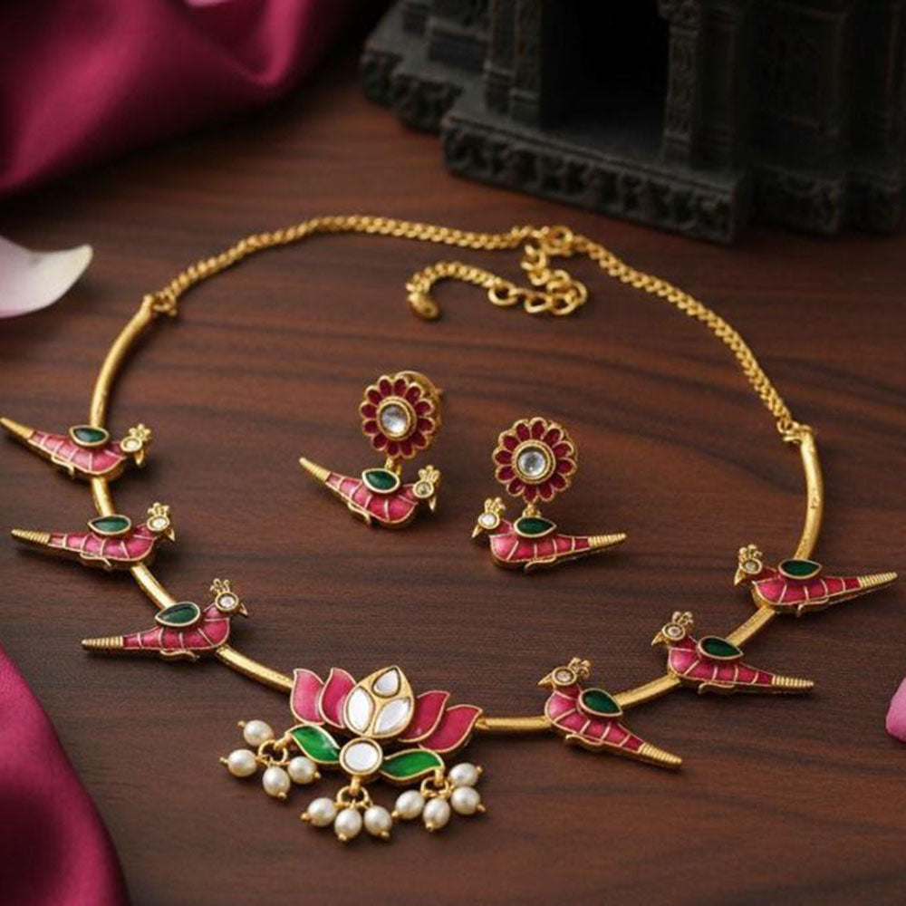 JCM Royal Bird Motifs Polki Kundan Stone With Beads Necklace Set