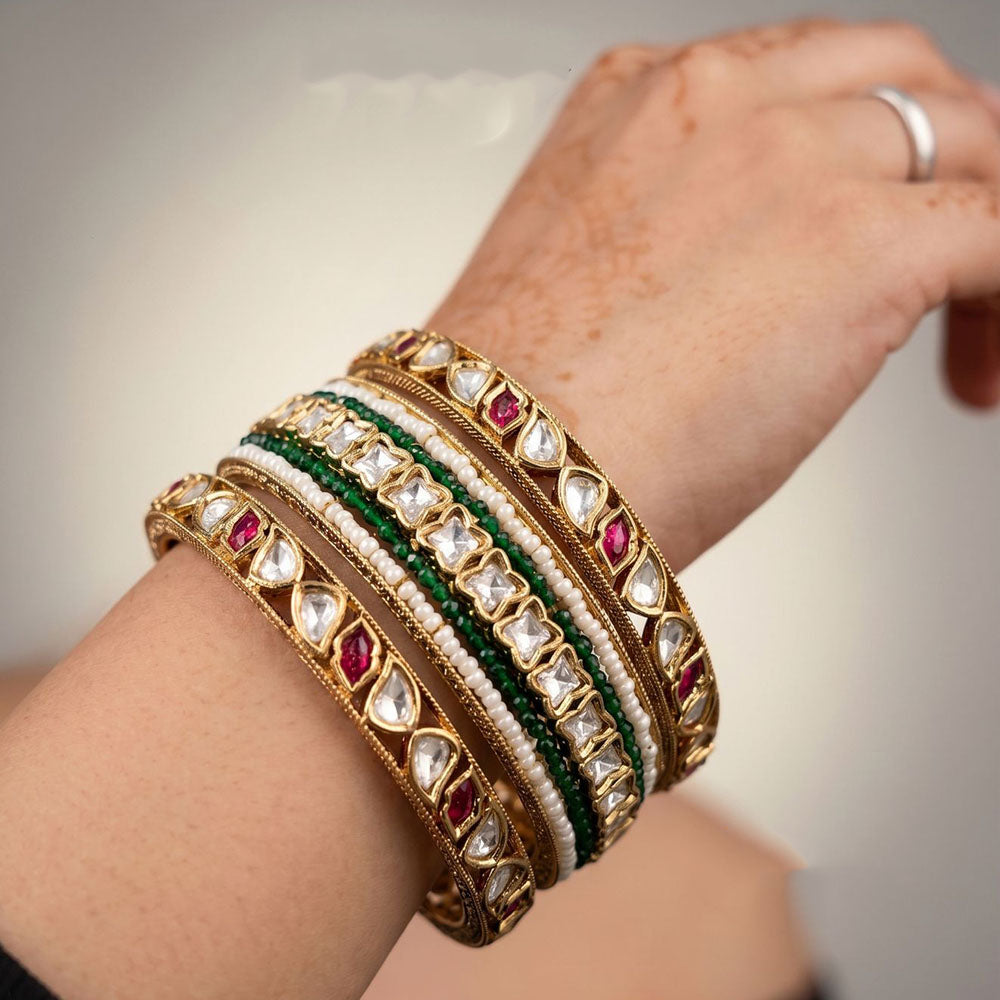 JCM Classic Polki Kundan Stone And Pearl Traditional Bangles Set